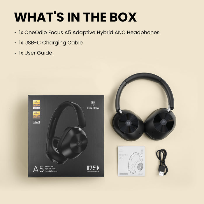 Focus A5 ANC støyreduserende hodetelefoner fra Oneodio - Bluetooth 5.4 trådløse hodetelefoner med -45dB hybrid Active Noise Cancelling Over-Ear Headset, ENC Mic, Hi-Res LDAC - Perfekt for støyreduksjonsbehov i høykvalitets lydopplevelser