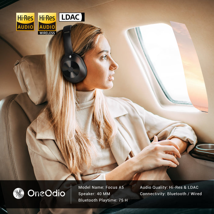 Focus A5 ANC støyreduserende hodetelefoner fra Oneodio - Bluetooth 5.4 trådløse hodetelefoner med -45dB hybrid Active Noise Cancelling Over-Ear Headset, ENC Mic, Hi-Res LDAC - Perfekt for støyreduksjonsbehov i høykvalitets lydopplevelser