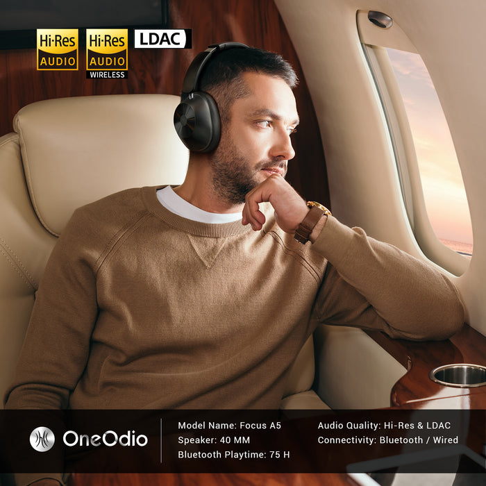 Focus A5 ANC støyreduserende hodetelefoner fra Oneodio - Bluetooth 5.4 trådløse hodetelefoner med -45dB hybrid Active Noise Cancelling Over-Ear Headset, ENC Mic, Hi-Res LDAC - Perfekt for støyreduksjonsbehov i høykvalitets lydopplevelser