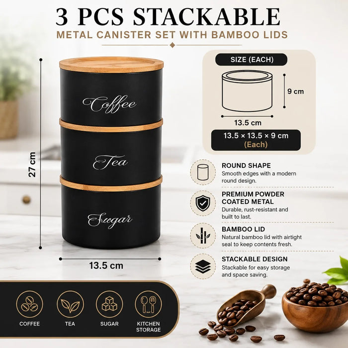 3-Piece Stackable Canister Set with Bamboo Lids — Powder-Coated Metal Kitchen Storage