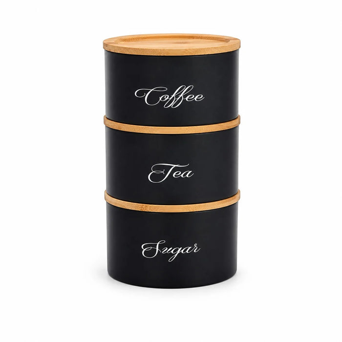 3-Piece Stackable Canister Set with Bamboo Lids — Powder-Coated Metal Kitchen Storage