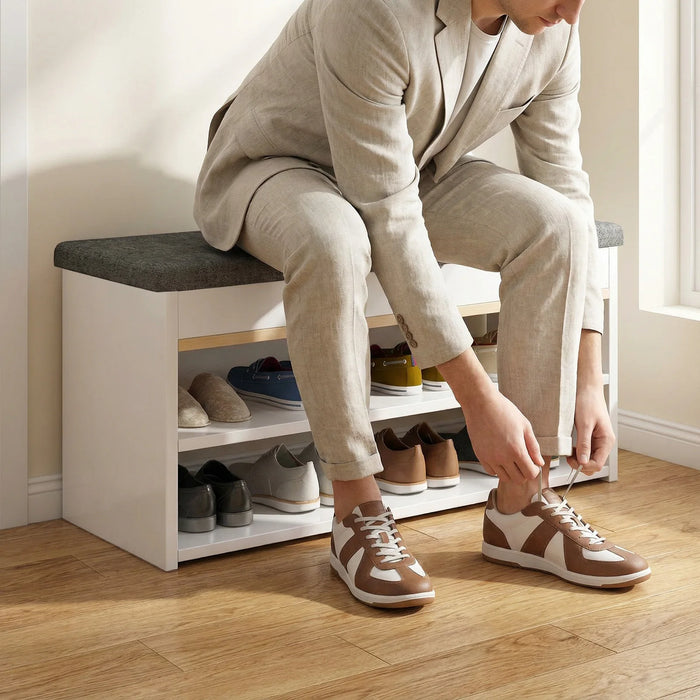 2-Tier Wooden Shoe Bench – Seat & Shoe Rack for Hallway, Entrance (White)