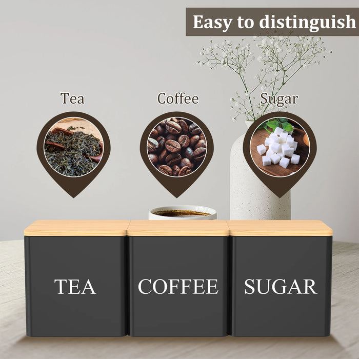 3‑Piece Coffee, Tea & Sugar Canister Set — Metal Jars with Bamboo or Iron Airtight Lids