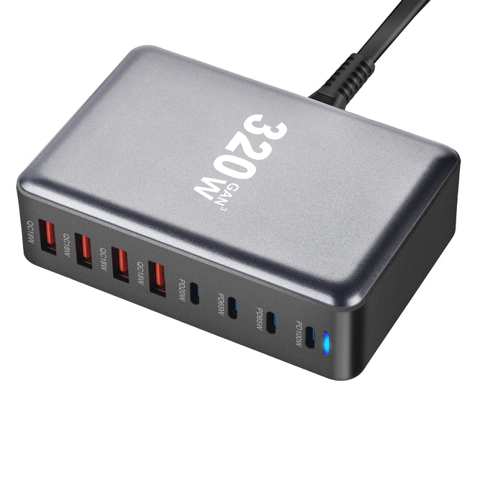 320W GaN Desktop Charger — 8‑Port USB‑C & USB‑A PD Station (Model 4C4A)