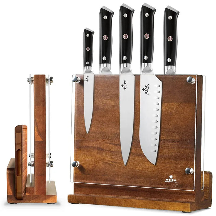 Double‑Sided Magnetic Knife Block with Acrylic Shield — Acacia Wood