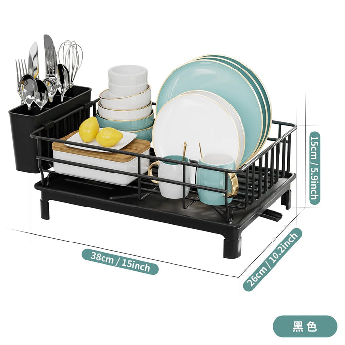 Rustproof 1-Tier Dish Drying Rack with Utensil Holder & Drain Board — Countertop Organiser (Black)