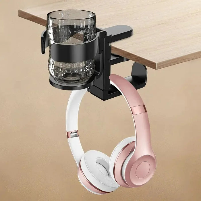 2-in-1 No‑Drill Desktop Cup Holder & Headphone Hook for Computer Desk