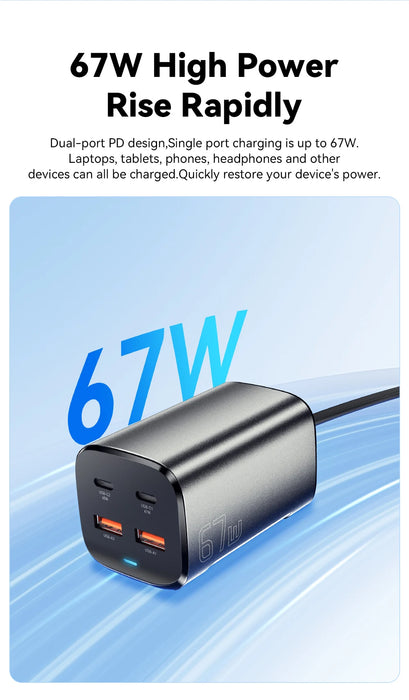 67W GaN USB‑C Desktop Charger — PD/QC Fast Charging, 2C+2A Ports for MacBook, Samsung, iPhone 15