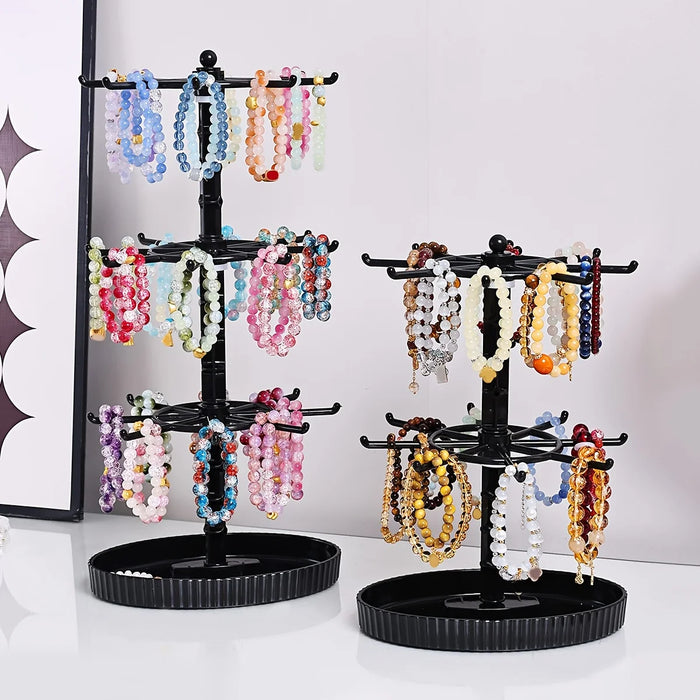 Rotatable 2- or 3-Tier Jewellery Display Stand — 16 or 24 Hooks, Black or Transparent