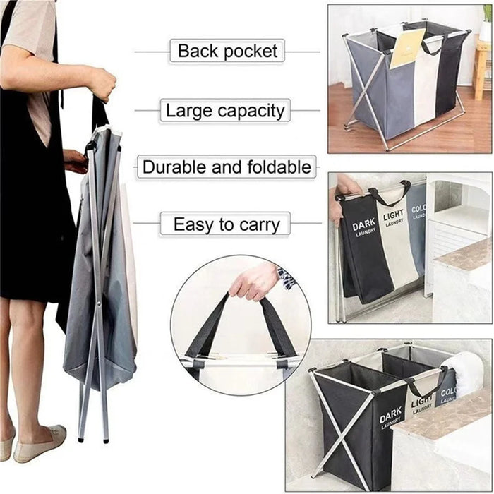Foldable Laundry Basket with Aluminium Frame & 600D Oxford Fabric — 3‑Grid Large Capacity