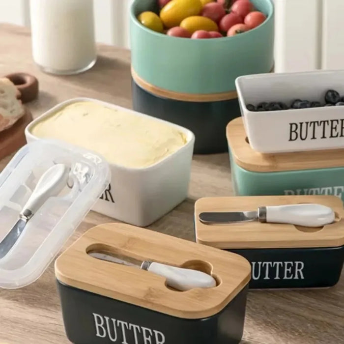 Ceramic Butter & Cheese Storage Box with Bamboo Lid and Knife — 14.8×8.5×6cm