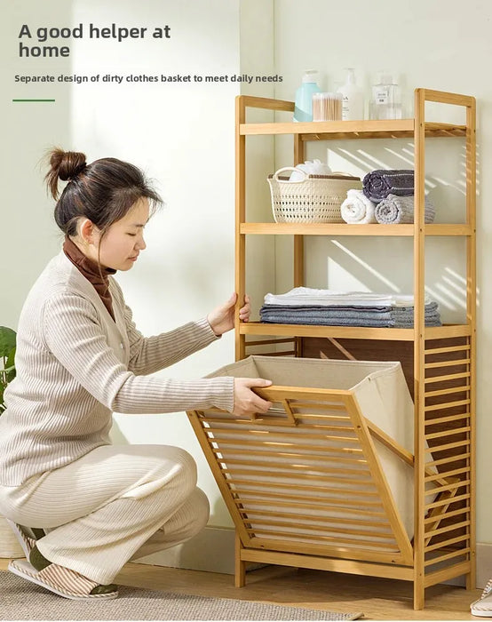 3/4-Tier Bamboo Laundry Hamper & Bathroom Rack with Pull-Out Shelves