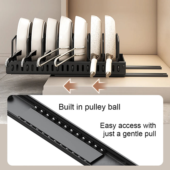 Pull-Out Pots & Pans Organiser — Sliding Lid Holder & 8-Compartment Kitchen Rack (White/Black)