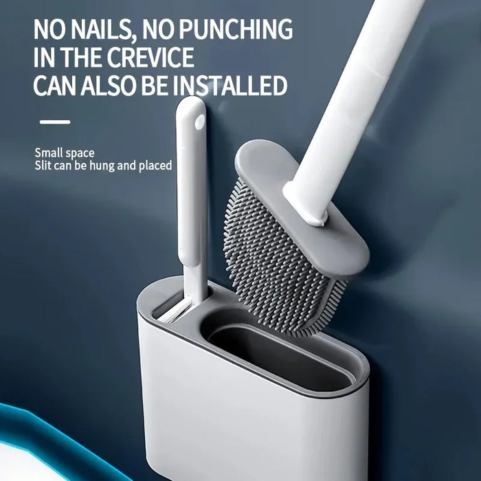 Wall-Mounted Silicone Toilet Brush Set — Easy Install, Long Handle with Portable Holder