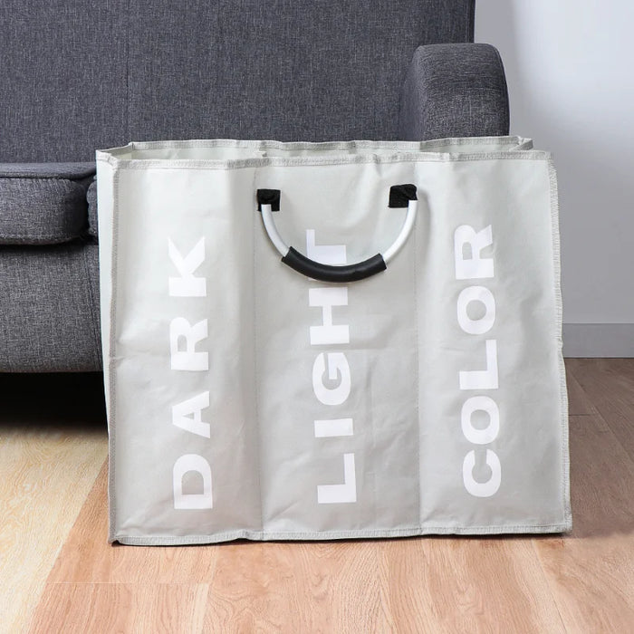 Foldable 3‑Section Laundry Hamper — Large Oxford Cloth with Aluminium Handle