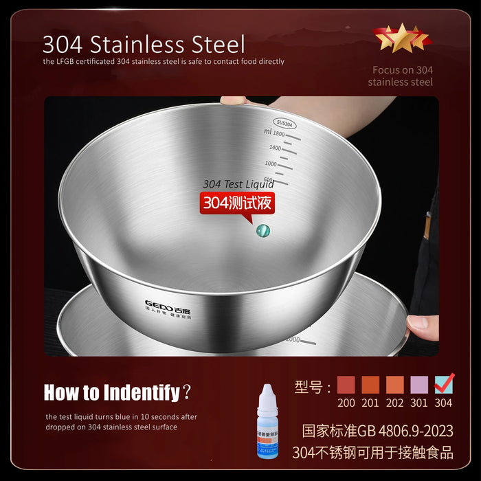 304 Stainless Steel Mixing Bowl (16–30cm) — LFGB Certified with Measuring Scale