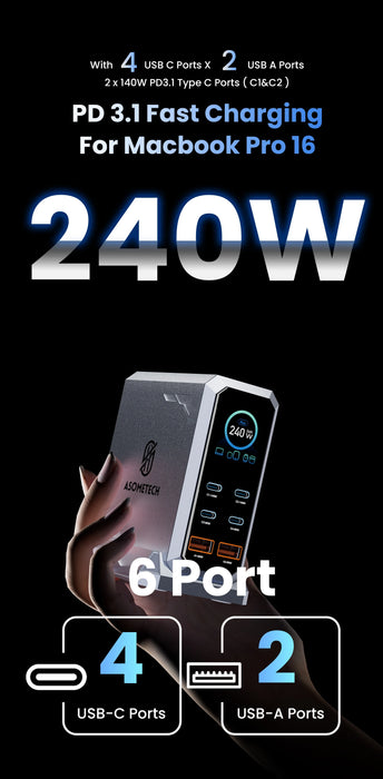 240W GaN 6-in-1 Charger — 140W PD3.1, Digital Display & Ambient Light (USB‑C / USB‑A)
