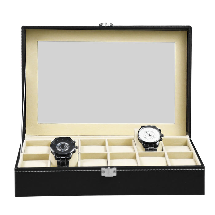 PU Leather Watch Display Box — 10 or 12-Slot Glass-Top Case
