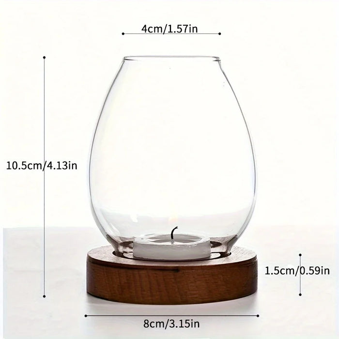 European Clear Glass Candle Holder with Wooden Base | Warm Ambient Lighting