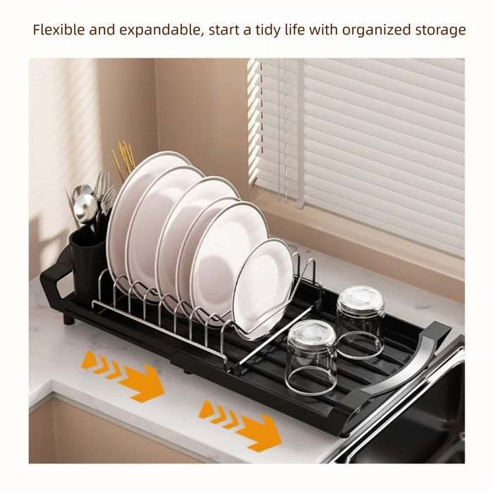 Extendable Dish Drying Rack — Space-saving Large Capacity Utensil & Dinnerware Organiser