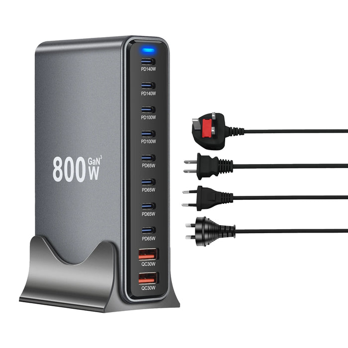 800W GaN 10-Port Desktop Charger — PD 140W Fast Charge for iPhone, iPad, MacBook