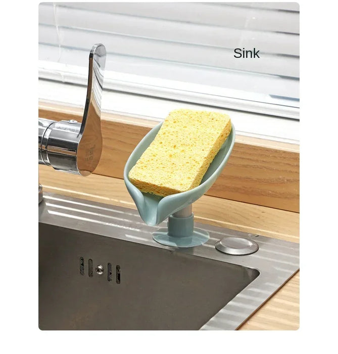 Leaf-Shaped Drain Soap Holder with Suction Cup – Grey Soap Box & Drying Rack (1pc)