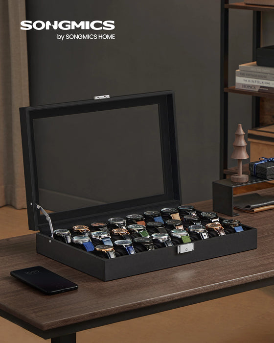 Lockable Watch Box – 24 Slots with Glass Lid, Velvet-Lined Storage Case