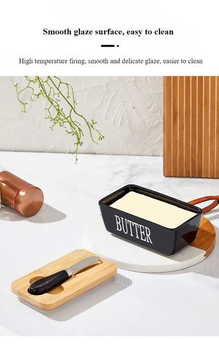 Ceramic Butter & Cheese Storage Box with Bamboo Lid and Knife — 14.8×8.5×6cm