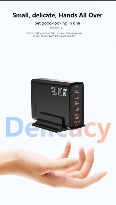 200W GaN 5‑Port USB‑C Fast Charger — Desktop Hub for MacBook Pro/Air & iPad Pro