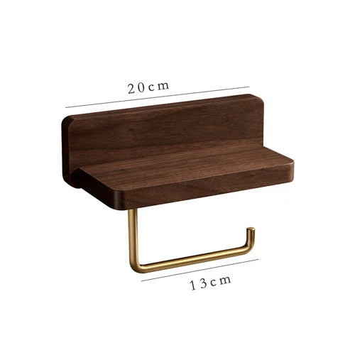 Wall-Mounted Toilet Roll Holder with Shelf — Brass & Wood, Stainless Steel