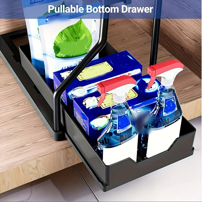 2-Tier Pull-Out Drawer Organiser — Foldable Plastic Storage for Kitchen & Bathroom