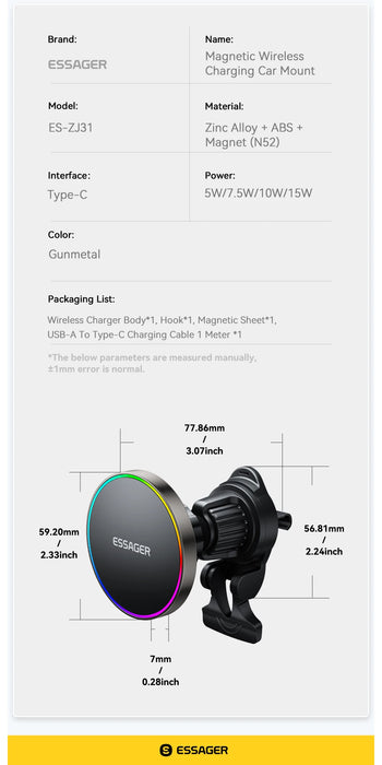 15W Magnetic Wireless Car Charger & Holder for iPhone 12–16 (MagSafe) with RGB