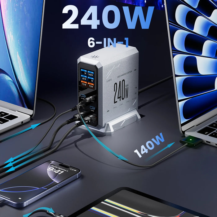 240W GaN 6-in-1 Charger — 140W PD3.1, Digital Display & Ambient Light (USB‑C / USB‑A)