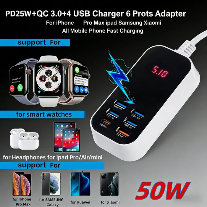 50W 6-Port USB Charger (5x USB-A + 1x USB-C) with PD, QC3.0 and LED Display