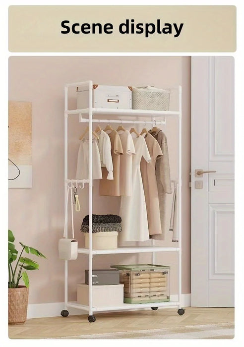 Clothing Storage Rack with Wheels, Hooks & Shelves — Freestanding Metal Organiser