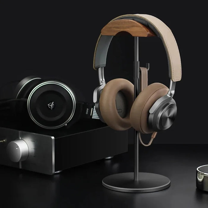 Walnut Wood & Aluminium Headphone Stand with Solid Metal Base — Desk Headset Holder
