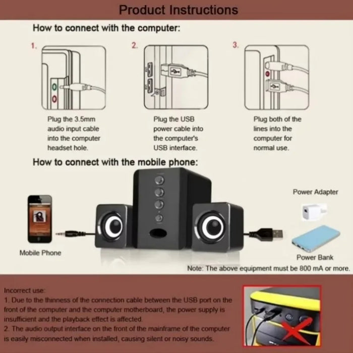 2.1 USB-Powered PC Speaker Set with Subwoofer — Compact Stereo for Laptop, Phone & TV