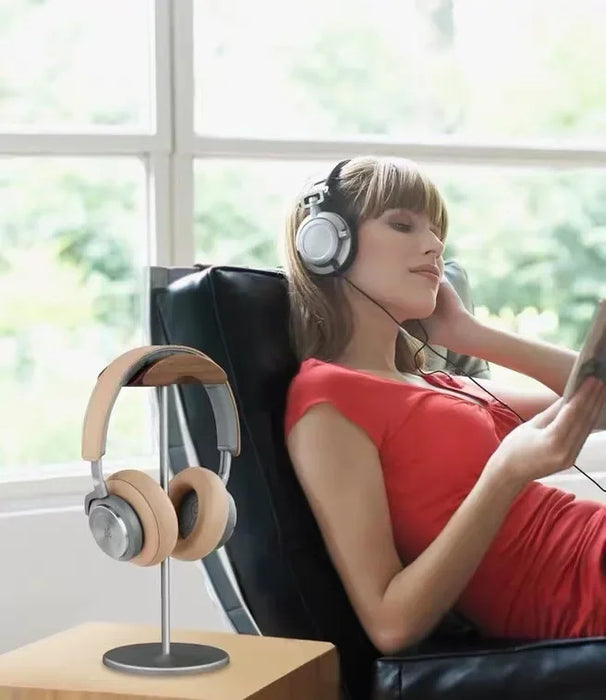 Walnut Wood & Aluminium Headphone Stand with Solid Metal Base — Desk Headset Holder