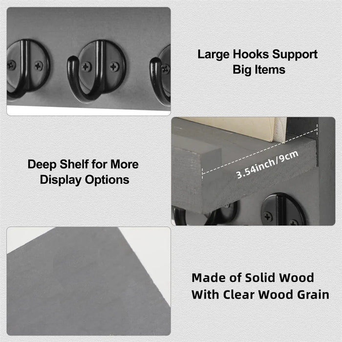 Wall-mounted Key and Mail Shelf with 5 Hooks - Wooden Entryway Rack