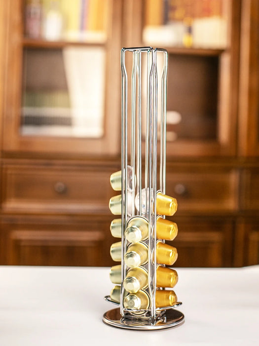 Silver Rotating Coffee Capsule Rack – 360° Base, Holds 40 Pods