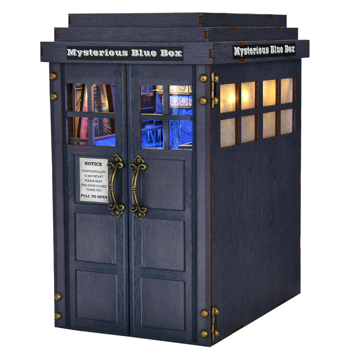 DIY Wooden Book Nook Kit — Blue Telephone Booth Miniature Bookshelf