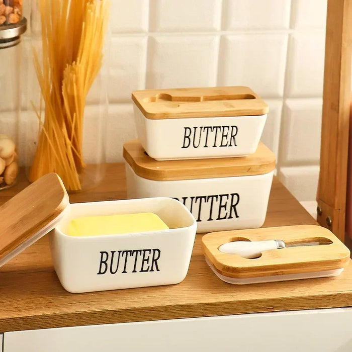 Ceramic Butter Dish with Bamboo Lid & Knife — Square Sealed Butter Box (350/500/650ml)