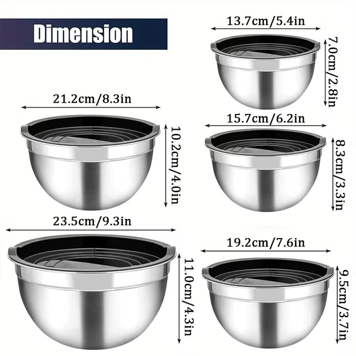 5-piece Stainless Steel Salad Basins with Lids — 2L+ Mixing & Baking Bowls (Silver)