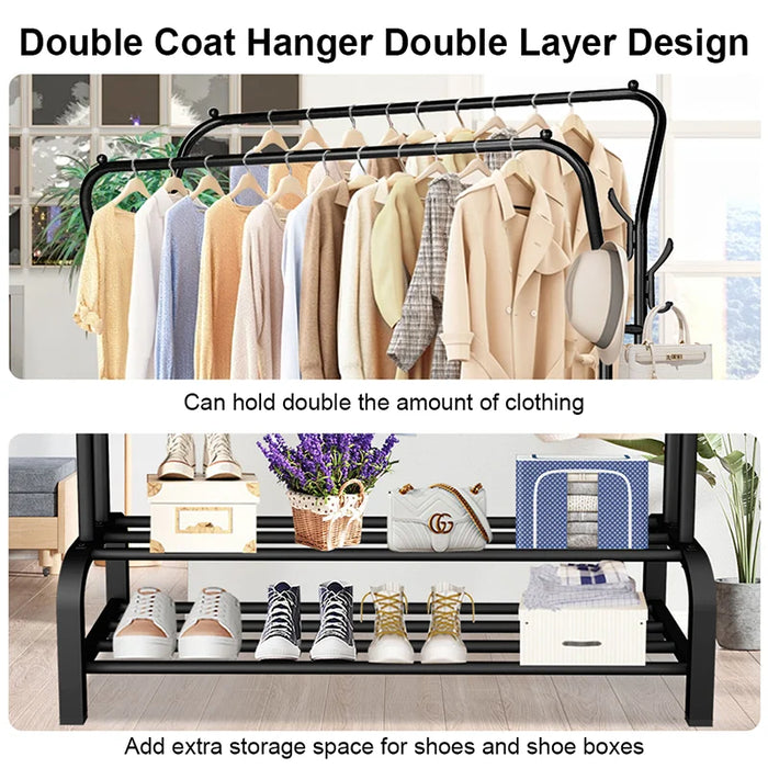 Double-Rail Standing Clothes Rack with Shoe Shelf – Metal Rail for Bedroom & Living Room