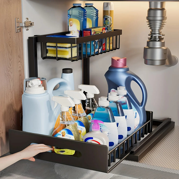 Under-Sink Sliding Drawer Organiser — Metal Pull-Out Shelves for Kitchen, Bathroom & Garage