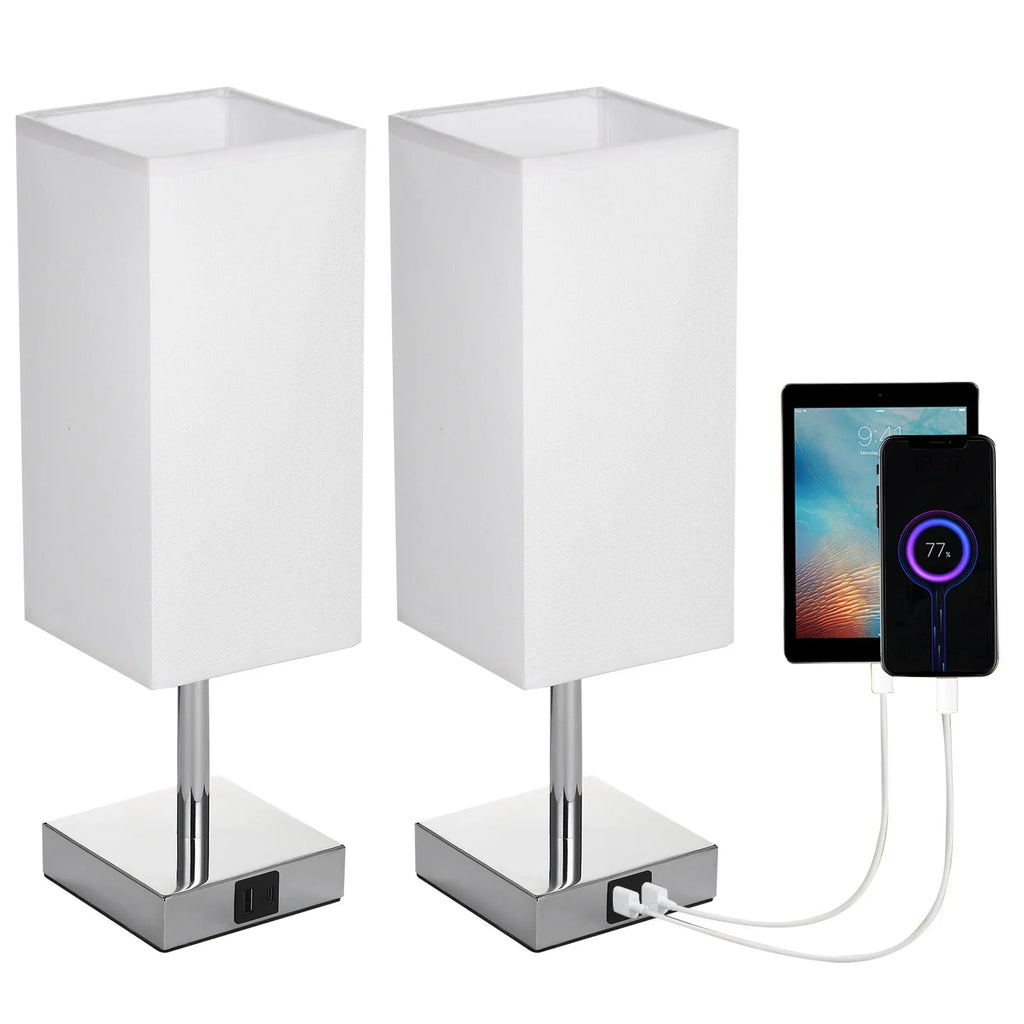 Bedlampje met stoffen kap - warm witte LED-lamp, touchbediening, bureaulamp, USB A- en Type-C-oplaadpoorten - ideaal voor nachtkastjes, werktafels en studieruimtes