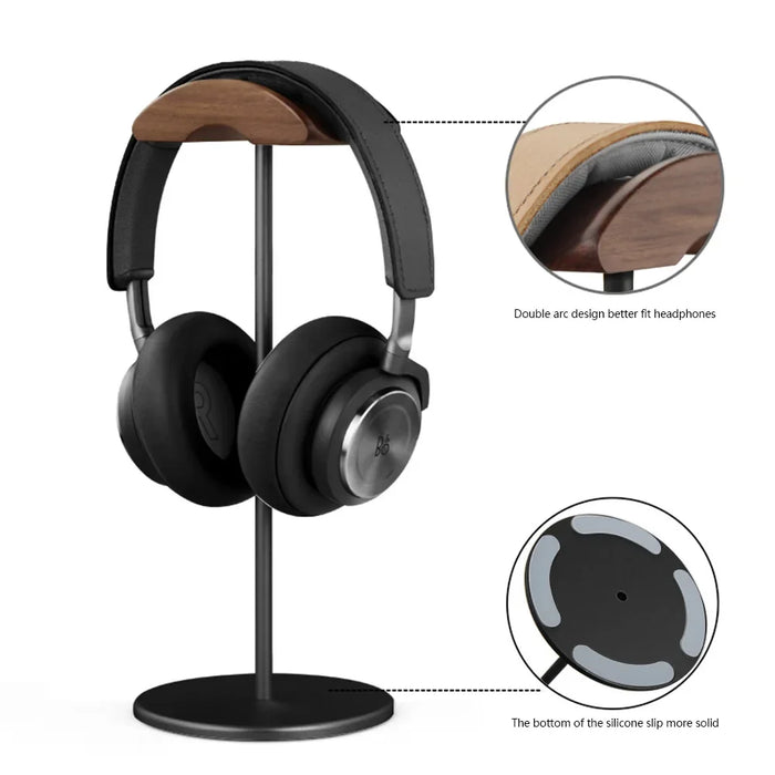 Black Walnut Wood and Aluminium Headphone Stand — Solid Metal Base Desk Headset Holder