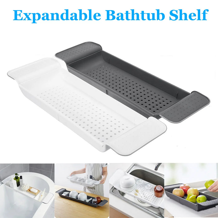 Extendable Bath Shelf Tray with Anti-Slip Phone & Tablet Holder — White or Grey
