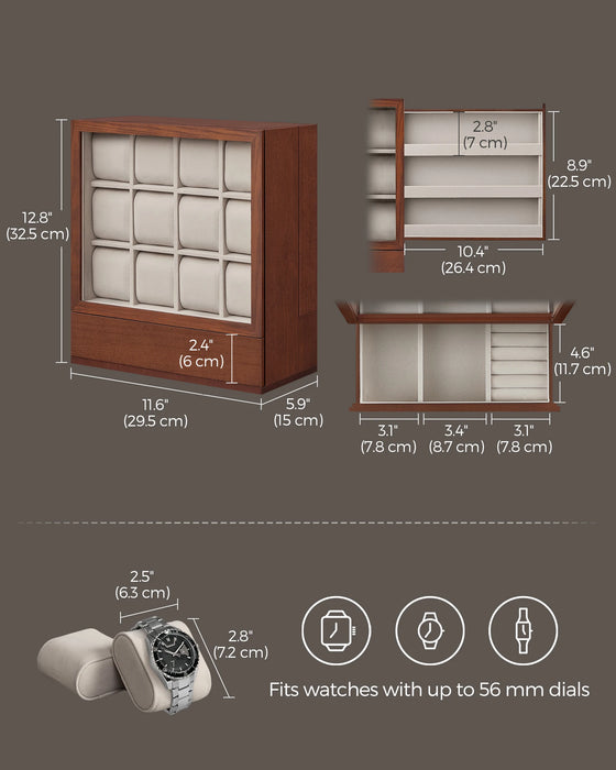12-Slot Wooden Watch Display Case with Drawers — Coffee Brown