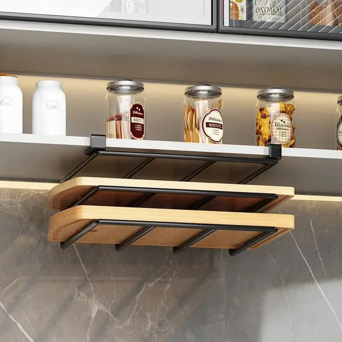 Under-Cupboard Steel Kitchen Rack with Hooks — Paper Towel, Cutting Board & Lid Holder